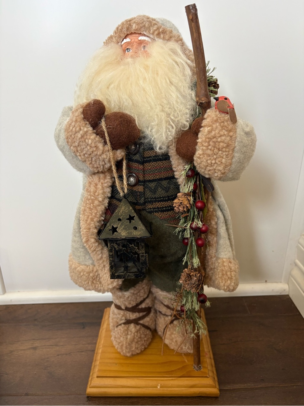Vintage Rustic Santa Figurine Sherpa Coat Wooden Staff Lantern Bird 18”Tabletop